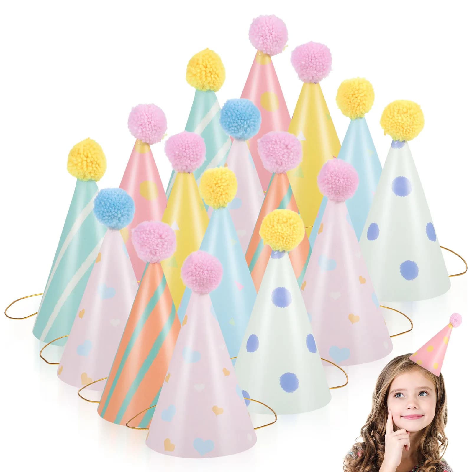 Cappelli di carta per compleanno da 14 pezzi per bambini, cappelli da festa a forma di cono con pompon, set di cappelli unisex per compleanno per bambini, colorati e divertenti