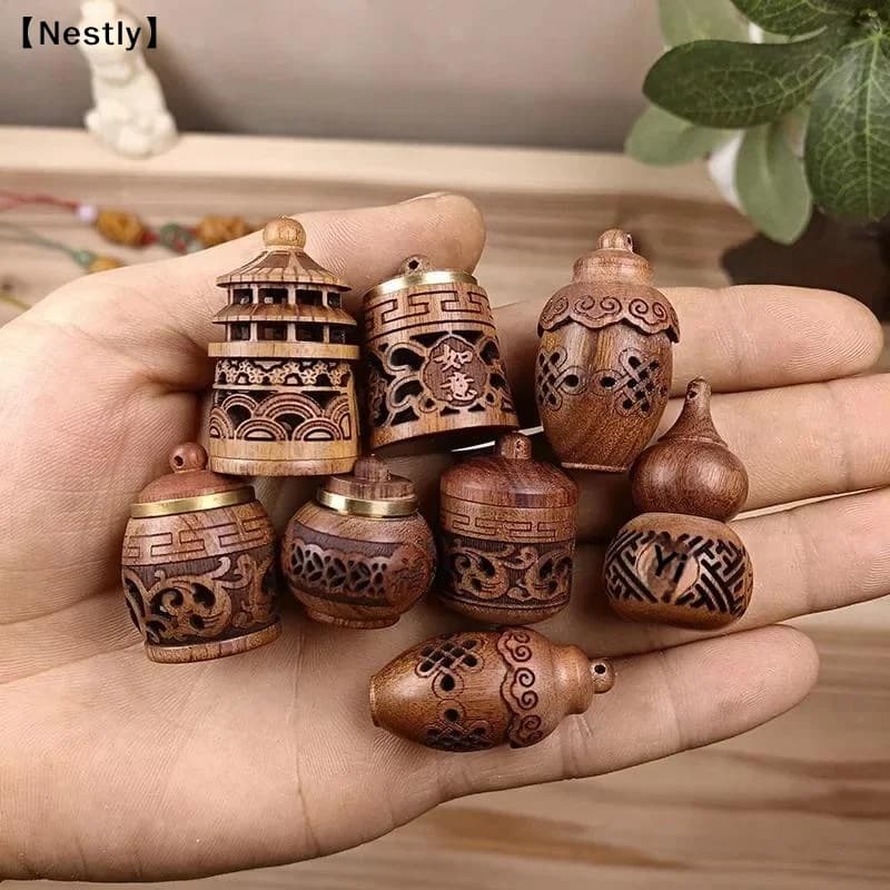 Wood Hollow Carved Aromatherapy Bottle Mini Vase Pagoda Car Hanging Decora Fragrance Diffuser Bottle Sealed Jar Pendant〔Nest〕
