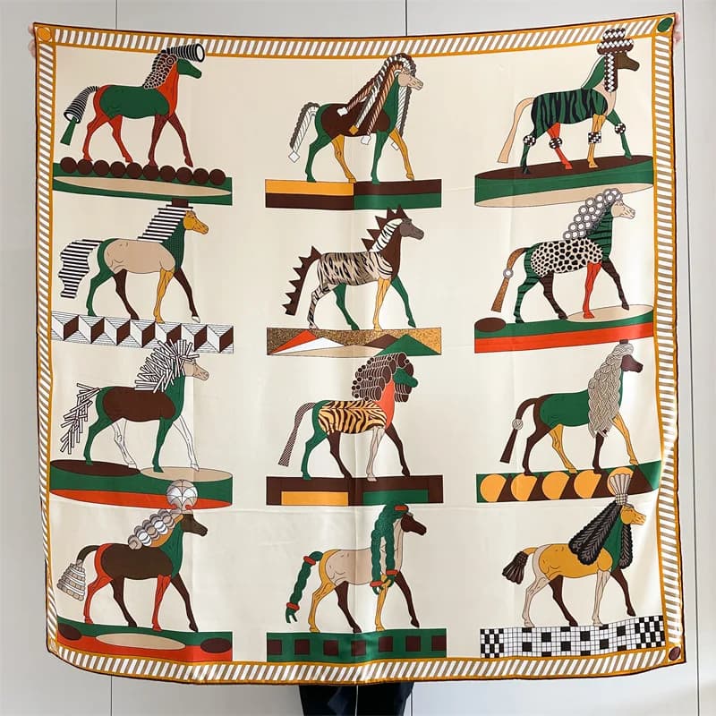 Twill Silk Scarf 135CM Women Hand Rolled Edges Shawls Luxury Designer Scarfs Square Scarves Clothing Bag Accessories Horse