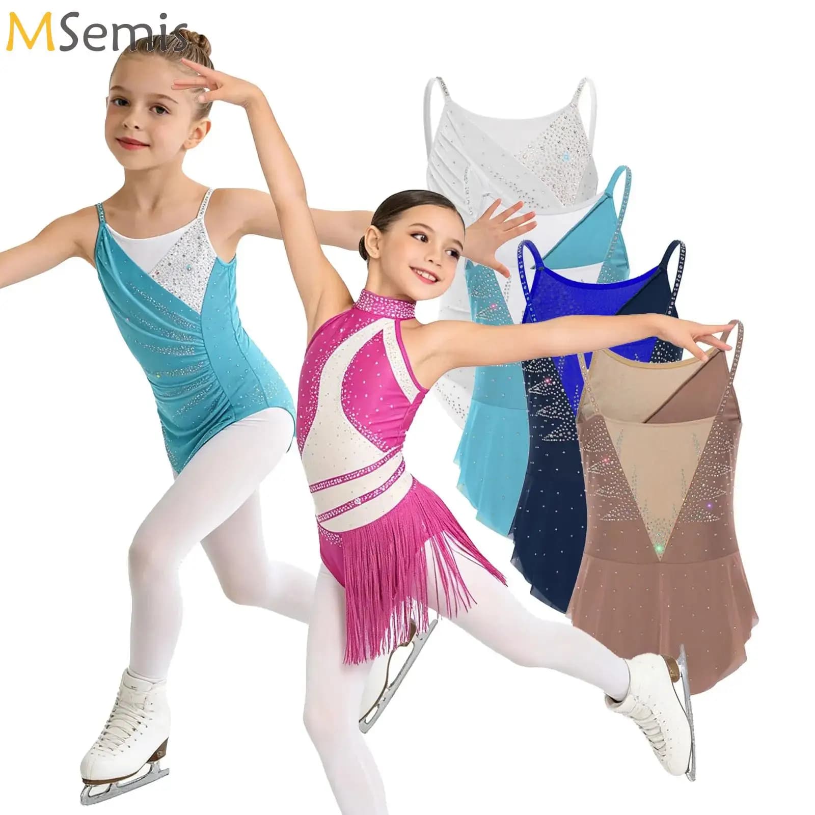 Body da Danza con Frange per Ragazze, Leotard da Ginnastica e Pattinaggio Artistico con Strass Scintillanti e Blocchi di Colore