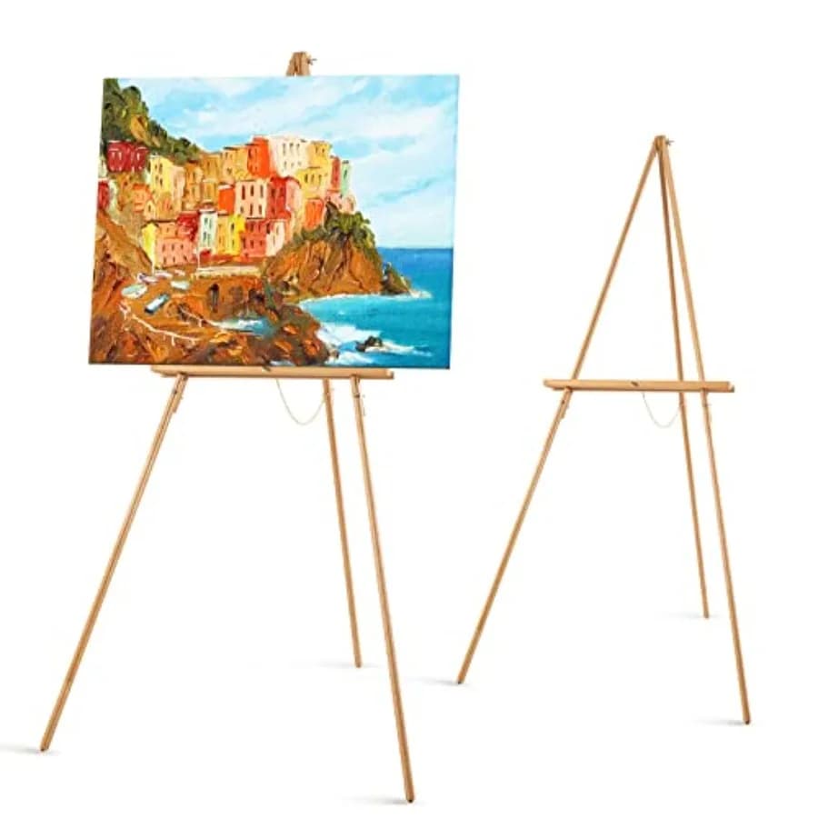 Espositore a cavalletto a treppiede a forma di A da 65 pollici in legno con supporto regolabile per tela, cavalletto da pavimento per cartelli nuziali, poster e dipinti