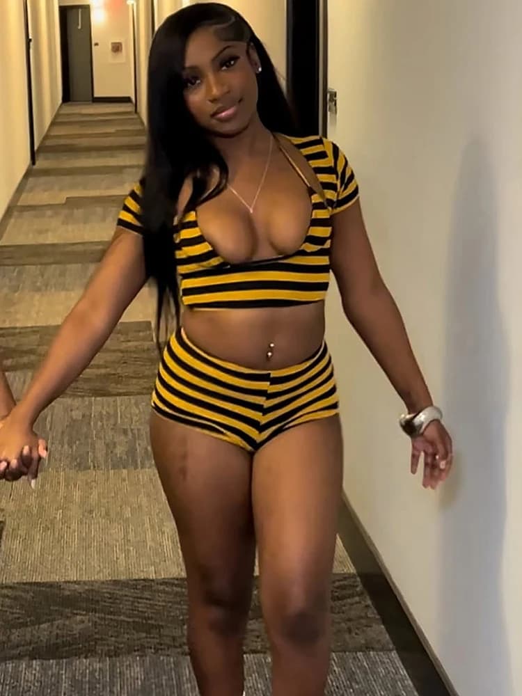 Kliou Stripe Bikini 3 Piece Set Woman Summer Trend Lace-Up Halter Bra+Low-Neck Crop Top+Mini Shorts Beach Party Sexy Style Suits