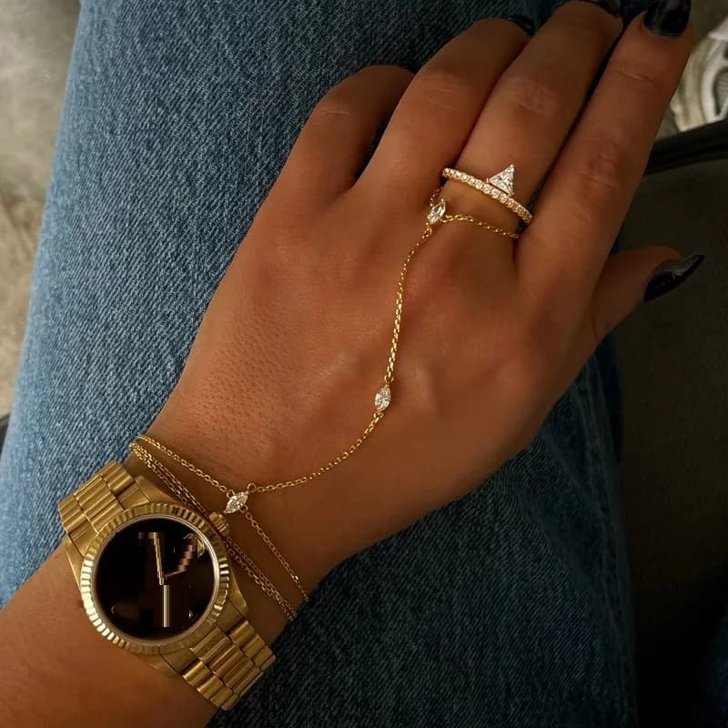 Bracciale geometrico da 3 pezzi Marquise con zirconi cubici CZ, doppio polso, catena a mano, gioielli semplici da donna di moda