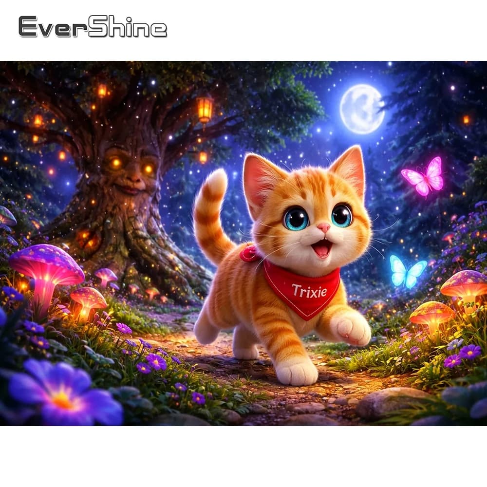 EverShine Diamond Painting Gatto Animale, Mosaico Quadrato Completo, Strass, Ricamo con Immagine di Albero e Fungo, Regalo Fatto a Mano