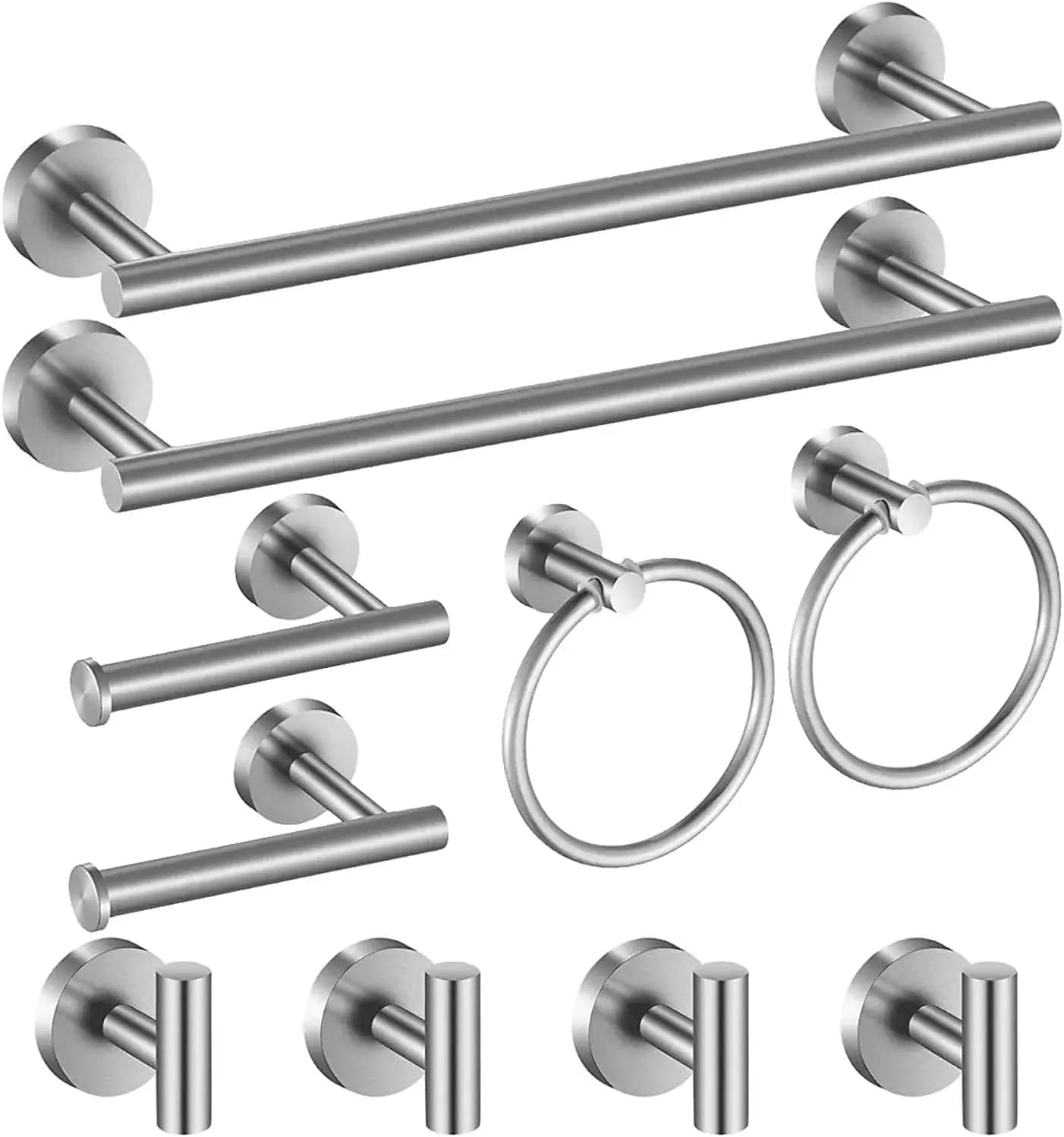 Set di Accessori per Bagno in Nichel Spazzolato, Kit da 10 Pezzi con Portasciugamani da 24 Pollici, Anello, Supporto e Ganci