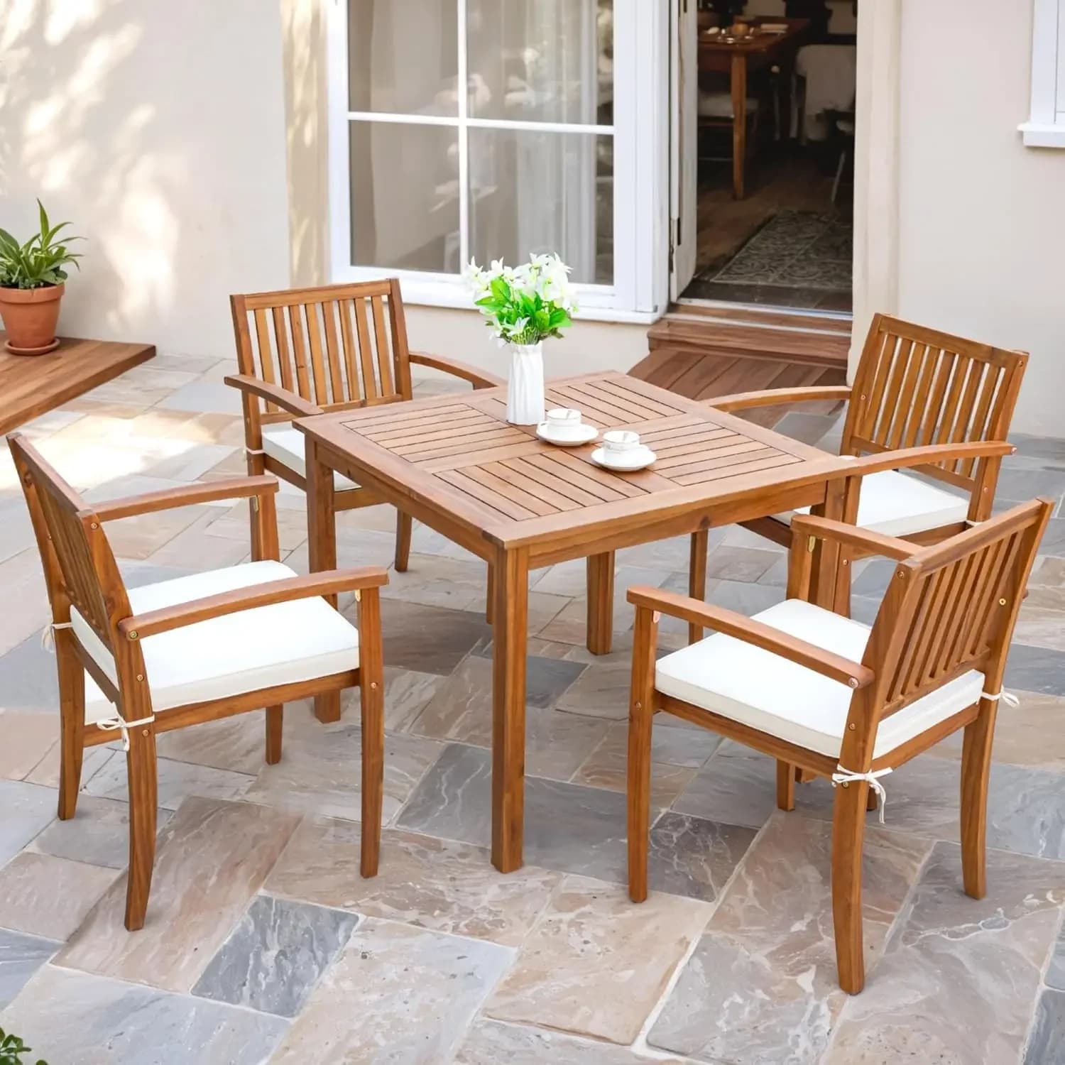 Set da Pranzo per Esterni in Legno di Acacia, Tavolo e Sedie con Cuscini Morbidi, Arredamento da Patio, Terrazza, Giardino