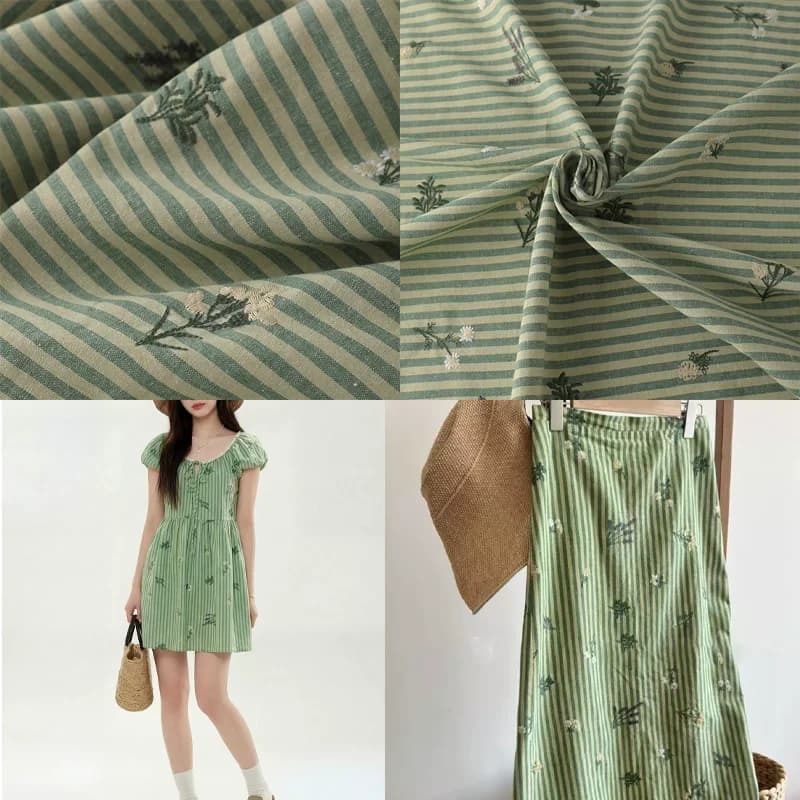 Cotton Linen Green Fabric Embroidered Striped Dress Shirt Clothing DIY Bed Sheets Bag Fabric