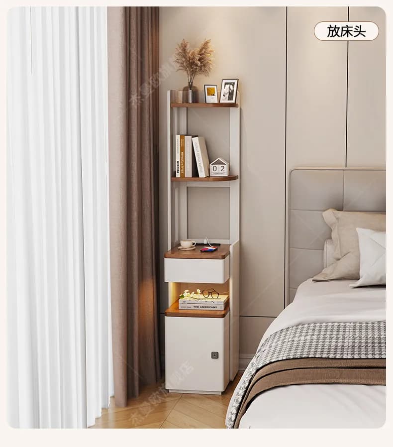 Comodino intelligente con libreria in legno massello integrata, mobiletto salvaspazio per camera da letto con serratura a impronta digitale, piccolo scaffale.