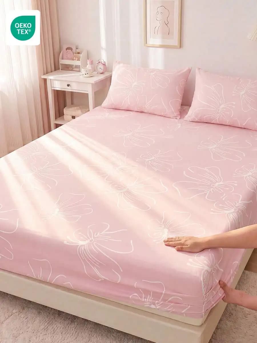 Machine Washable Fitted Sheet Bed Skirt Mattress Protector Breathable Anti-Pilling Polyester Home Textile Pink Floral Pattern