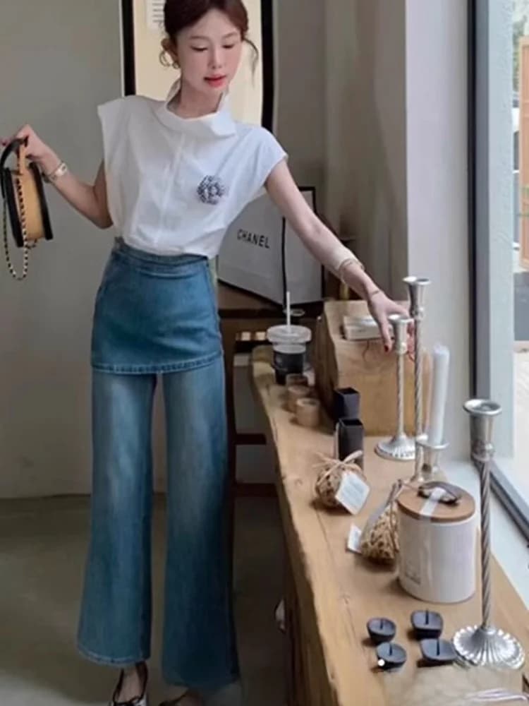 Chic White Shirt Blue Leather Curtain Denim Jeans Set Women Summer Fashion Two-Piece Suit round Neck Short Sleeve Casual Outfit