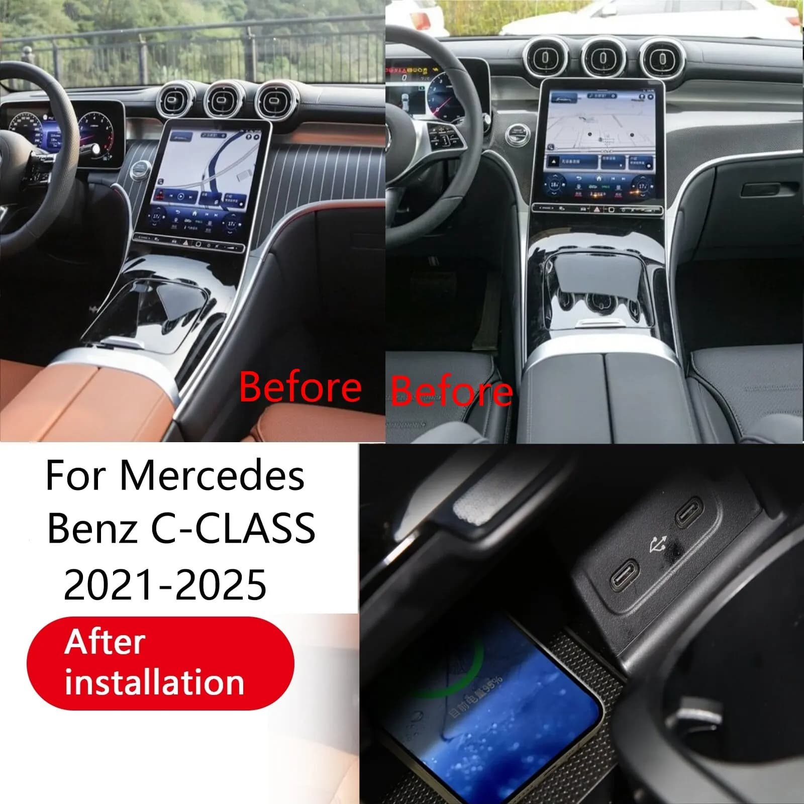 Caricatore wireless rapido per console centrale auto Mercedes-Benz Classe C GLC 2021-2025, base di ricarica, supporto per telefono
