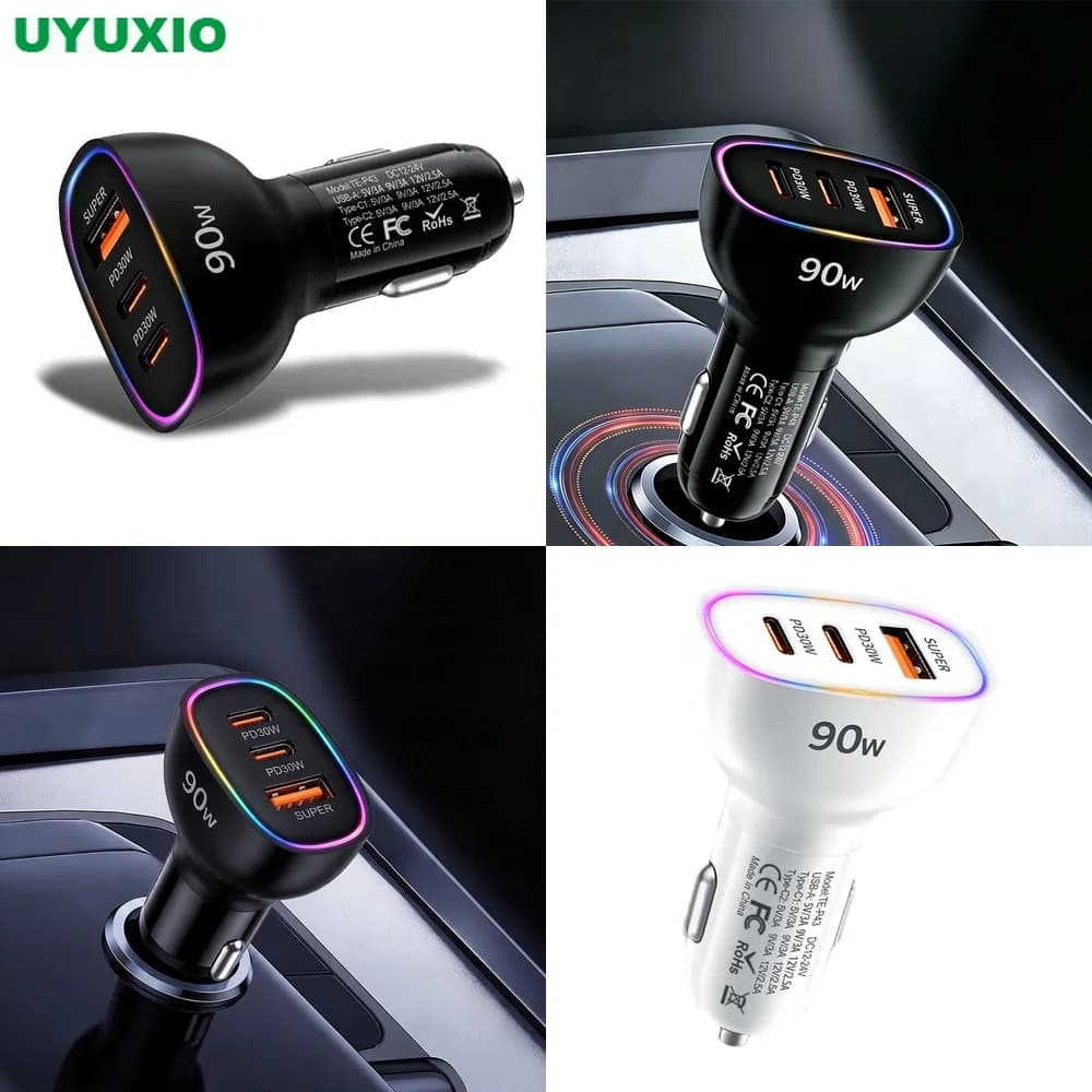 90W Car Charger Multi Port Fast Charging Dual PD 30W Type C USB A 30W Adapter PPS QC3.0 SCP RGB LED Light for Laptop MacBook