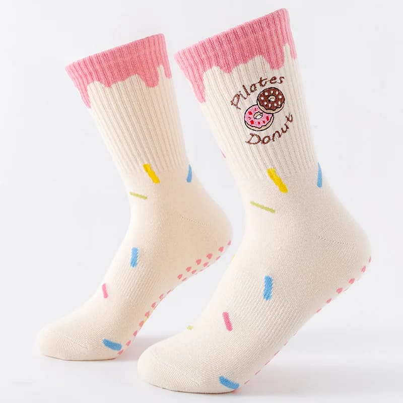 Yoga Socks Women's Medium Tube Donuts Embroidery Pattern Lace Loose Silicone Non-Slip Fitness Pilates Exercise