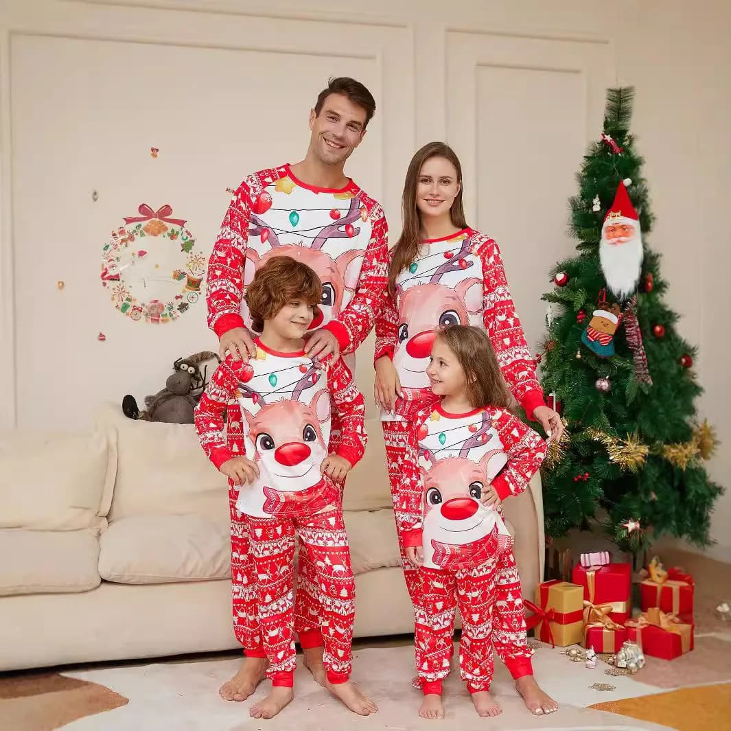 NATALE Set da indossare per la casa coordinato genitore-figlio - Pigiama coordinato per la famiglia a maniche lunghe con collo rotondo stampato simpatico cartone animato