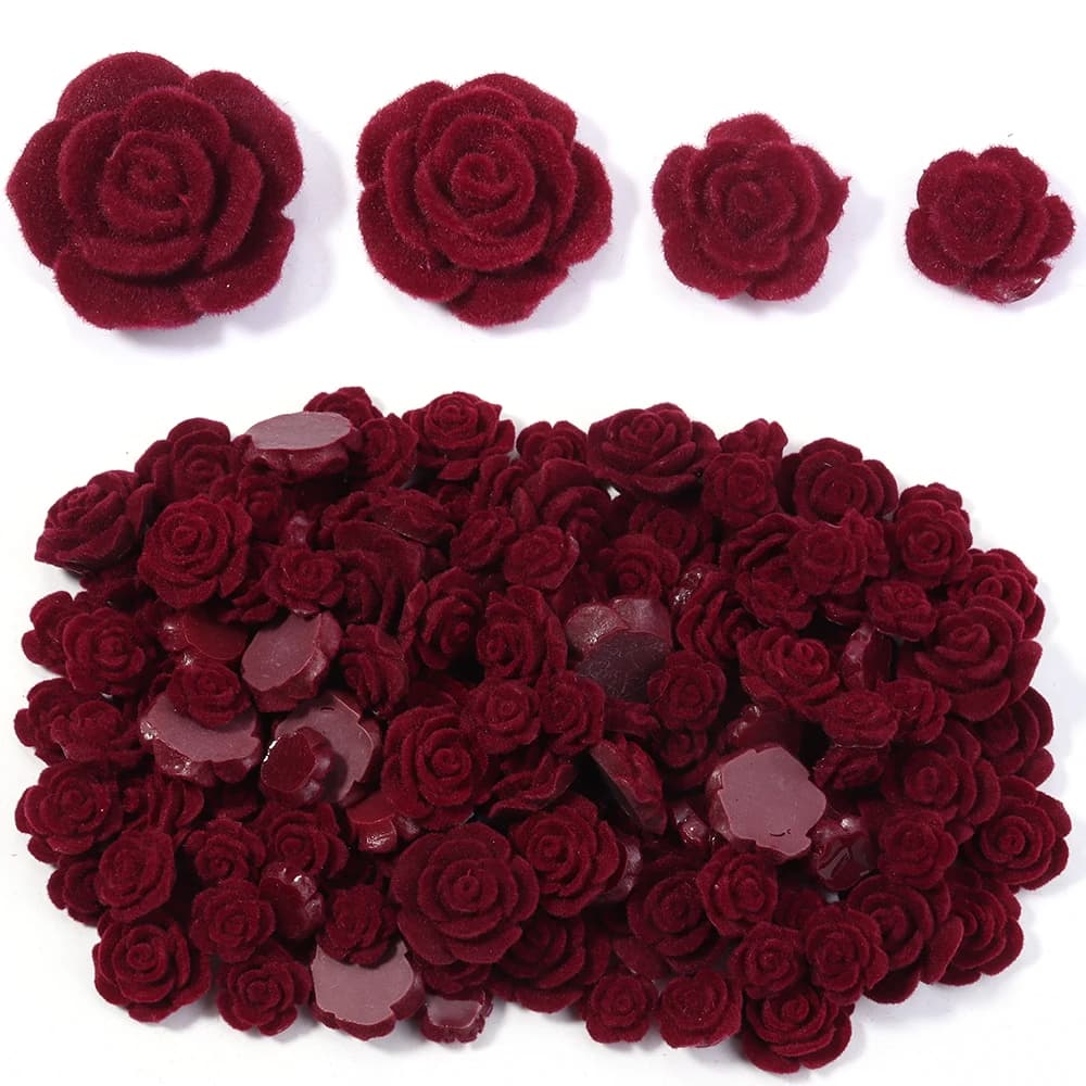 20 Pezzi Perline a Forma di Rosa in Resina Effetto Velluto, Stile Coreano, Base Piatta, Rosse, Artificiali, per Fai da Te, Fermagli per Capelli e Orecchini da Donna