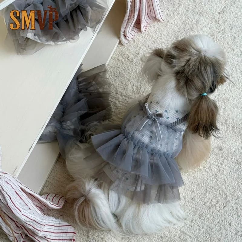 Romantic Fairy Pet Dress Mini Blue Floral Pattern Bow Detail Grey Air Flow Tulle Puffy Dress Light Weight Casual Photo Apparel