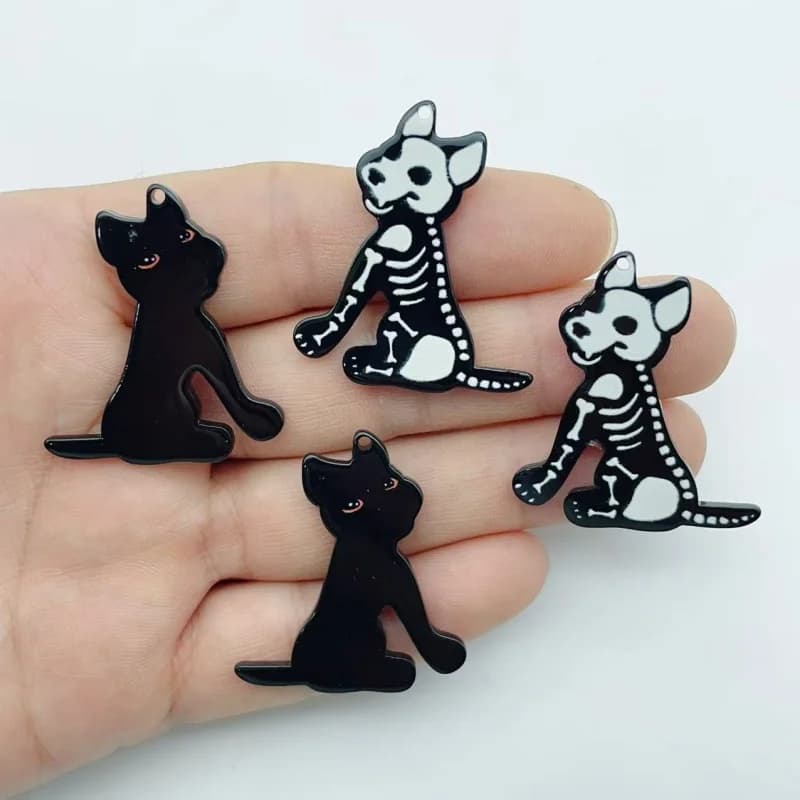 10Pcs Mixed Skeleton Dog Acrylic Charms Gothic Black Puppy Pendant DIY Jewelry Making Keychain Earring Accessories