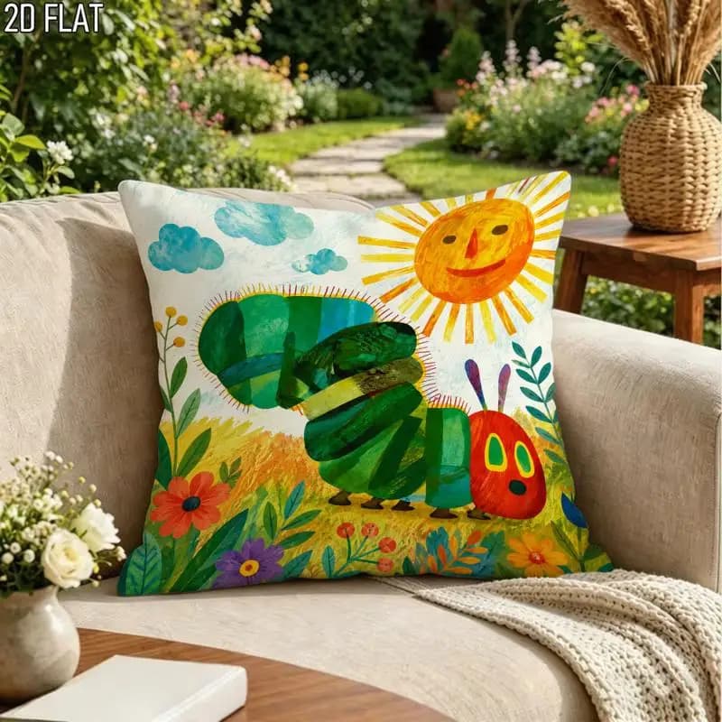 1pc Eric Carle Style Hungry Caterpillar Colorful Garden Art Pillow Cover 2D Double-Side Print Polyester Cushion Case for Toddler