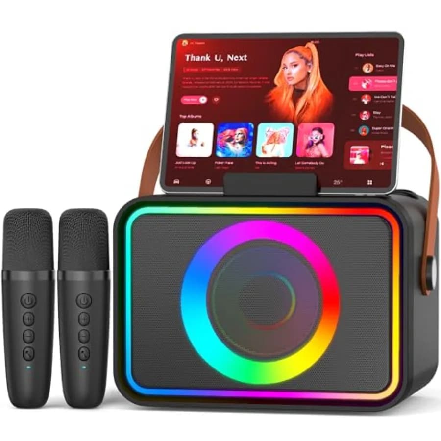 Karaoke Machine, Portable Bluetooth Speaker with 2 Wireless Microphone for Adults and with LED Lights, Karaoke Microphone with
