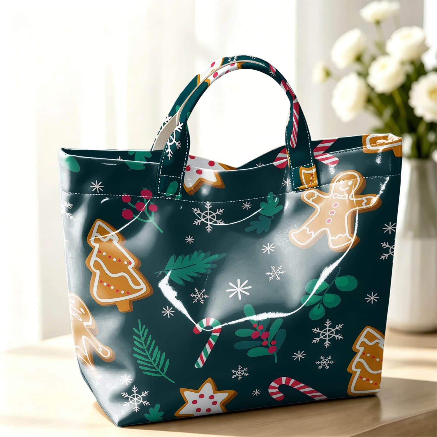 Gingerbread Mix Hot Sale Large Glossy PVC Tote Bag Hand Washable Waterproof Great for Travel Commute Makeup Storage Handbags