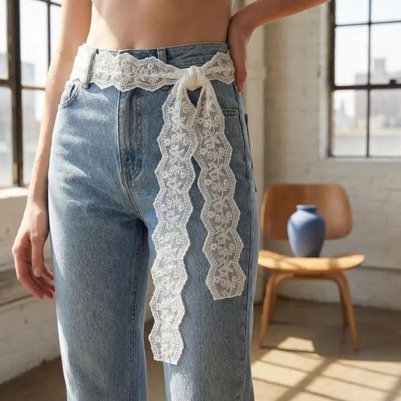 Cintura Lunga in Pizzo Y2K con Fiocco Floreale, Sottile, da Annodare, per Vestiti e Jeans, Nastro in Pizzo, Sciarpa, Fascia per Capelli