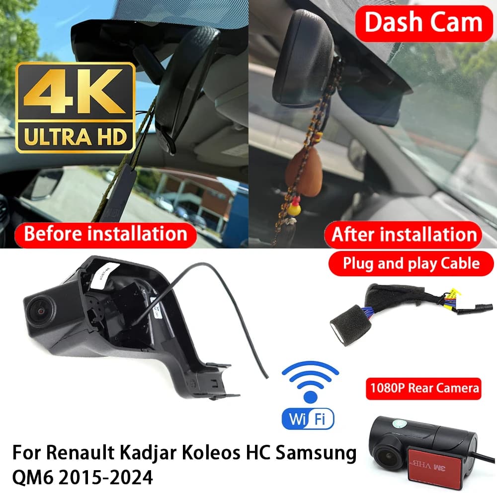 for Renault Kadjar Koleos HC Samsung QM6 2015-2024 4K 2160P Dash Cam Front Rear Car Camera DVR Wifi Plug & Play Video Recorder