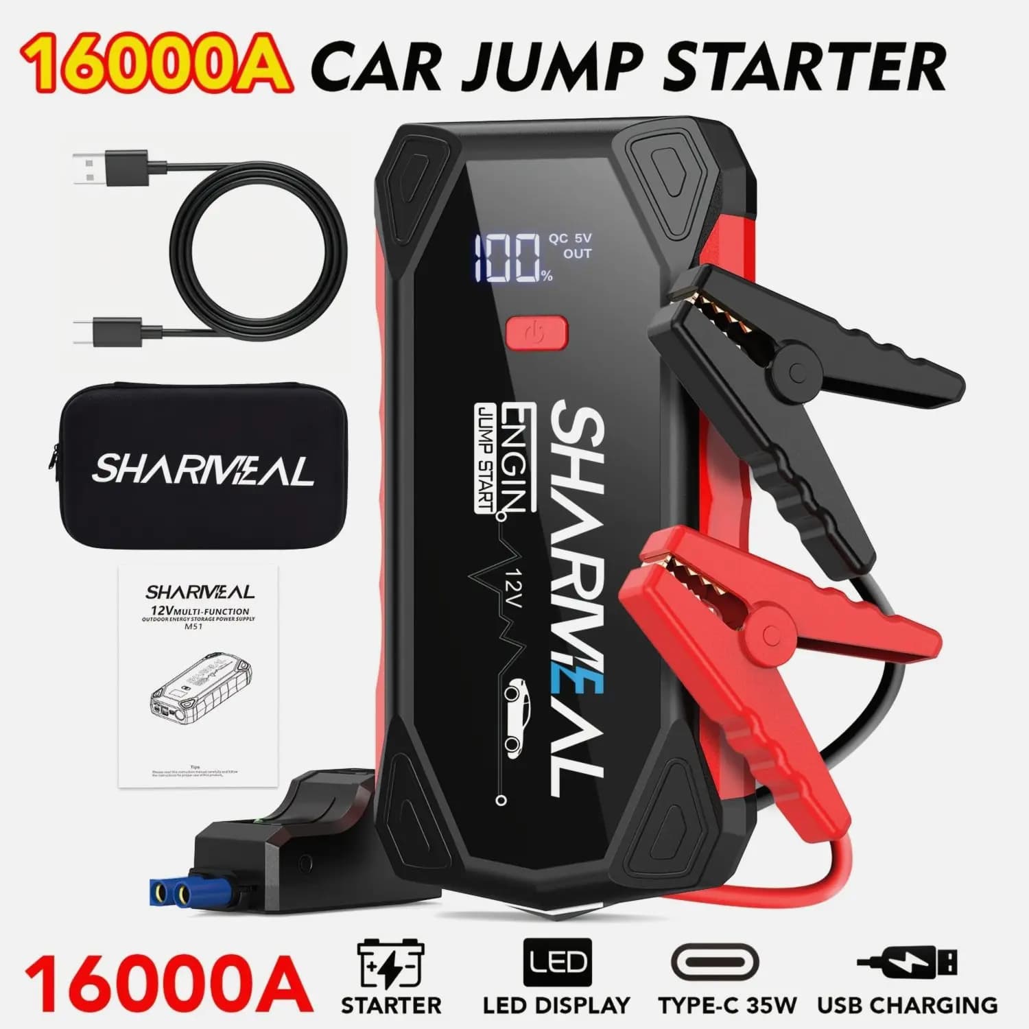 3-in-1 Portable Jump Starter (16000A–8000A Peak) for 12V Car Batteries • Supports Gas Engines up to 2.64 Gallons & Most Diesel Engines • Built-in 3-Mode LED Flashlight (Steady/Signal/SOS) • Includes Heavy-Duty Jumper Cables with Safety Clamps • Compact De