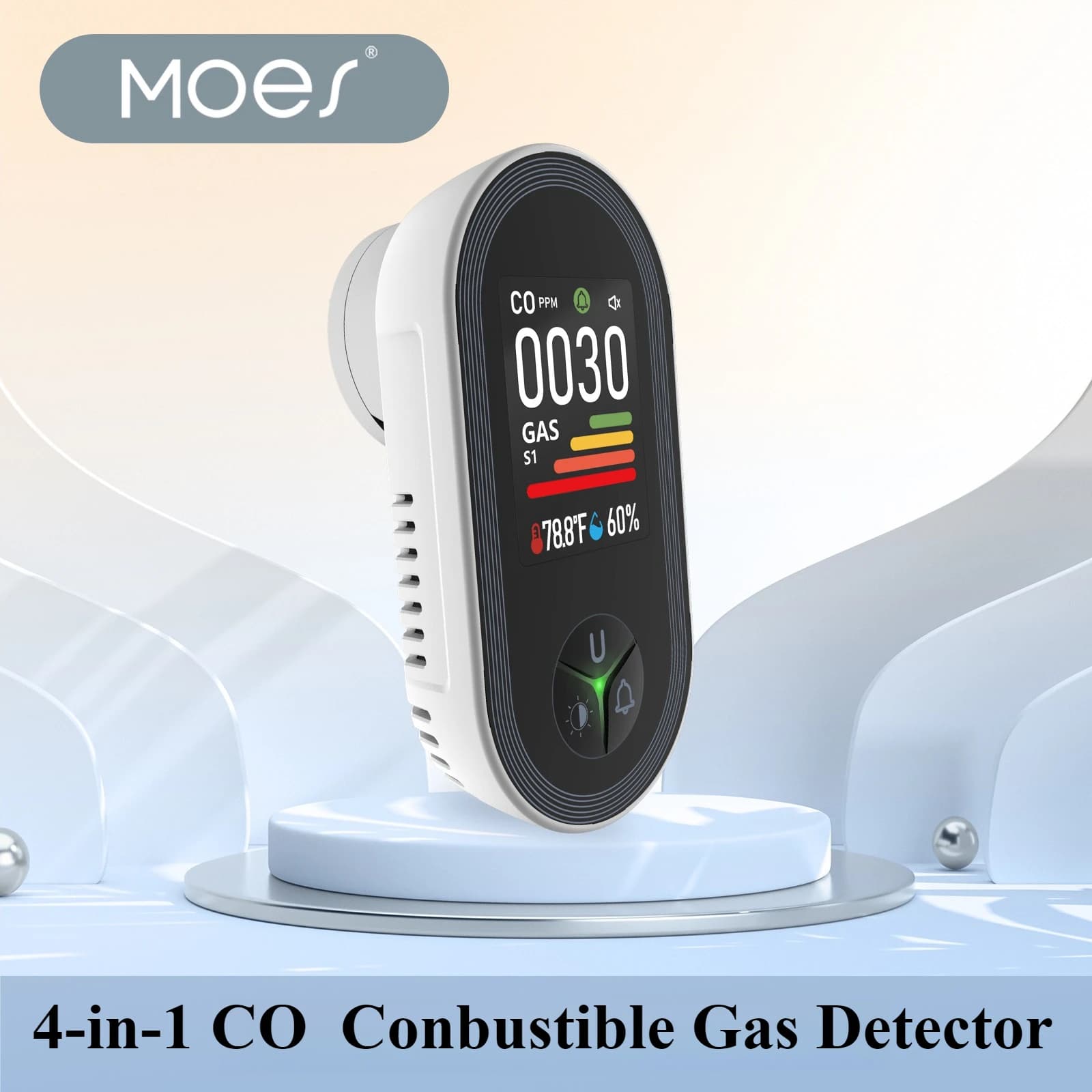 Rilevatore di gas plug-in MOES 4 in 1 - Monitor di gas CO e combustibili con sensore di temperatura/umidità, allarme integrato, display digitale ​ ​