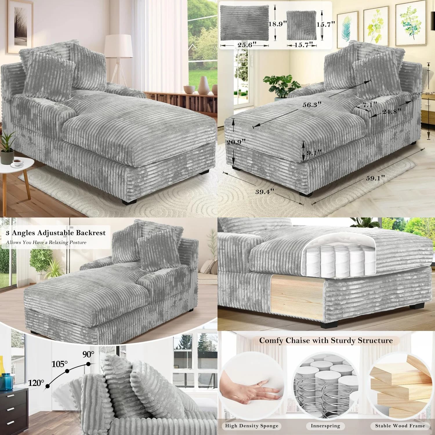 Chaise longue letto regolabile da 59 pollici con schienale e cuscini lombari, divano letto imbottito per soggiorno, camera da letto, ufficio, personalizzabile
