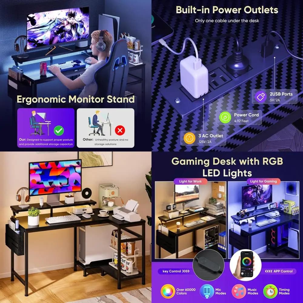 L-shaped gaming desk with USB ports, power sockets, Type-C, LED lights, storage shelves and monitor support, black, 40