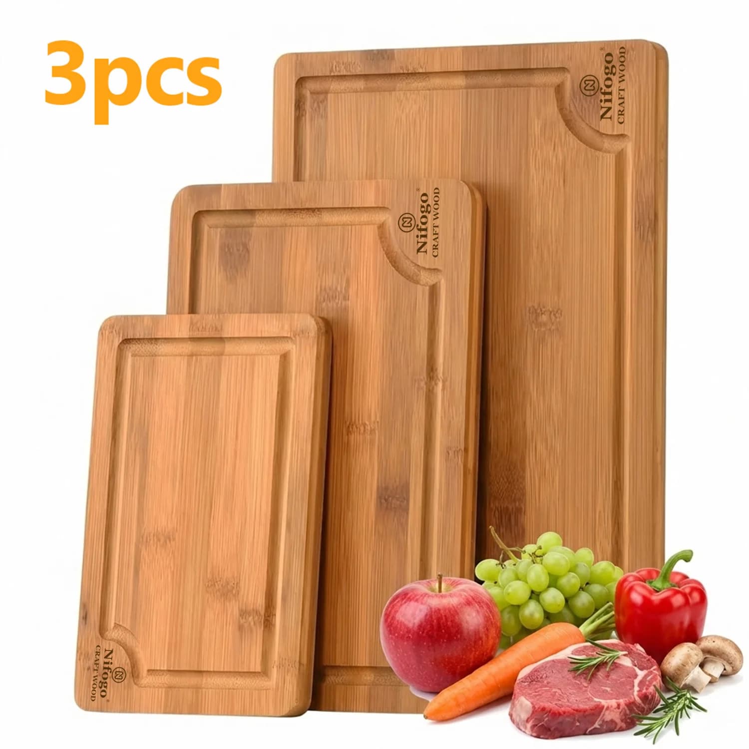 Bamboo Cutting Boards 3-Piece Set (S/M/L) with Juice Grooves & Non-Slip Handles, Durable Chopping Boards & Serving Trays