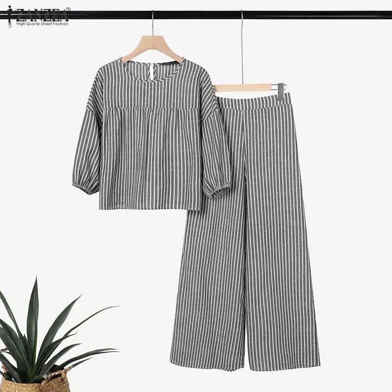 Completo da donna estivo a righe 2 pezzi 2026 ZANZEA: Blusa a maniche corte e pantaloni eleganti a gamba larga per il lavoro