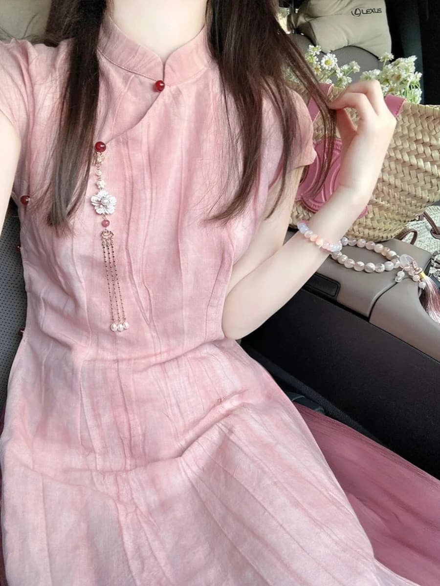New Original Chinese Style Linen Silk Breathable Summer Dress Wide Leg Pants Elegant Long Qipao for Young Women