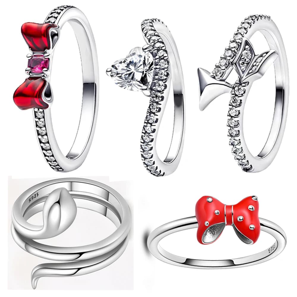NUOVO anello in argento sterling 925 con fiocco rosso, cuore et freccia d'amore e serpentina, regalo fortunato per ragazze