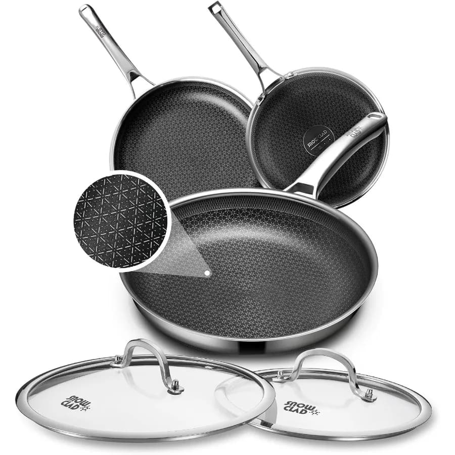 Set of non-stick pans with 2 hybrid pans with lid Set of 8 + 10 + 12 inch non-stick pans for cooking PFOA Free stainless steel kits