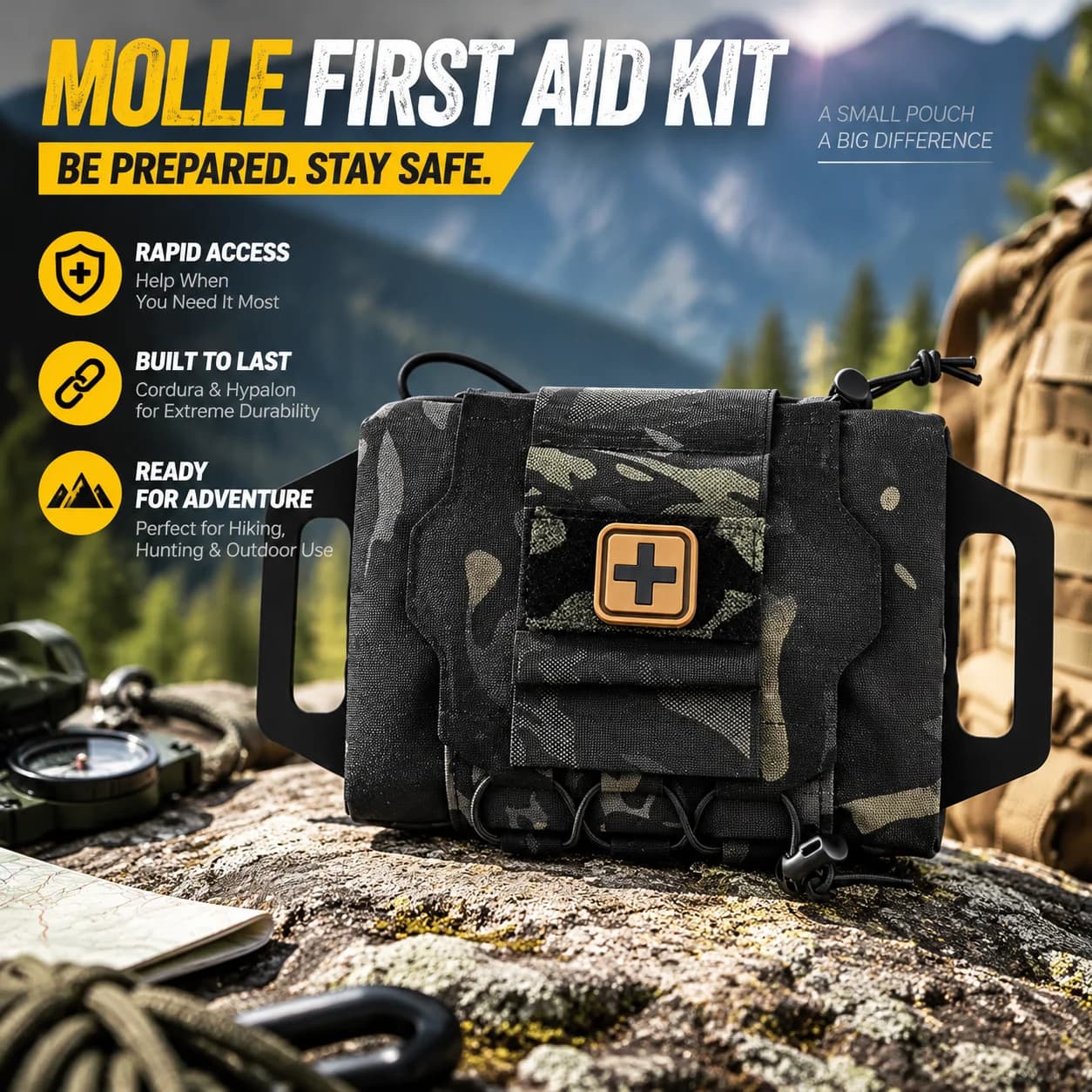 MOLLE First Aid Kit Pull Out Medical Pouch Tactical Waist Pack with Hypalon Grip, Cordura, for Hiking Hunting