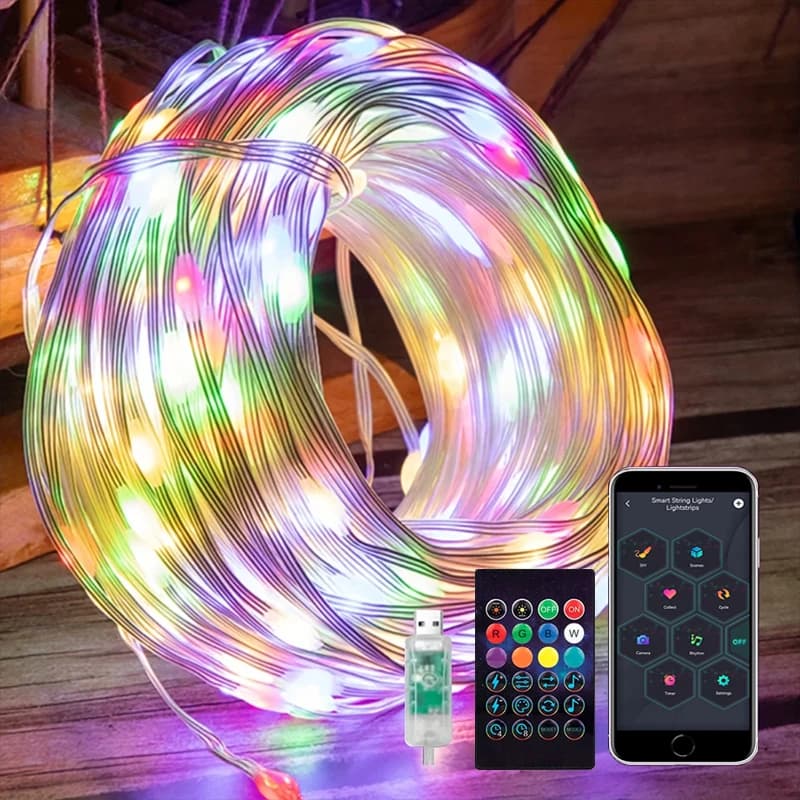 Luci a corda in rame RGB che cambiano multicolore Controllo intelligente dell'app Luci a corda a led natalizie per la decorazione interna esterna dell'albero
