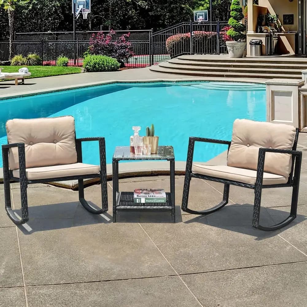 Set of 3 rattan outdoor rocking chairs with table, shelf and cushions, ideal for patio, garden, beige