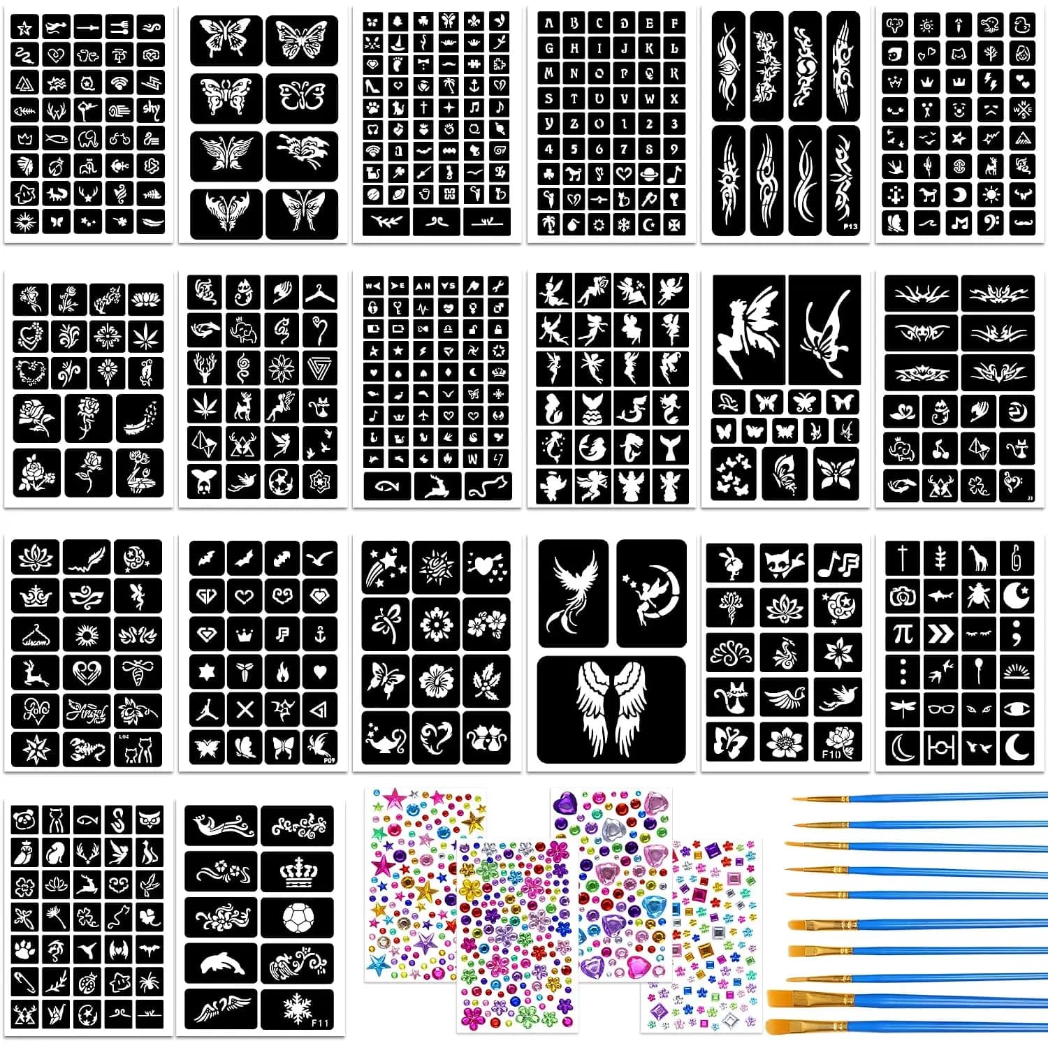 Tattoo Stencil Kit, 20 Sheets Henna Tattoo Stencil 4 Sheets Gems Stickers 10PCS Brushes for Face Body Paint DIY Art Makeup Party