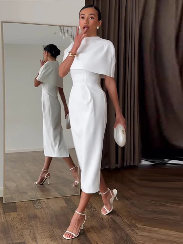 2026 Summer Autumn Elegant Solid Shawl Dress Women's Suit Short Sleeve Waist-Closed Slim Lady Set Fashion Women Outfits New