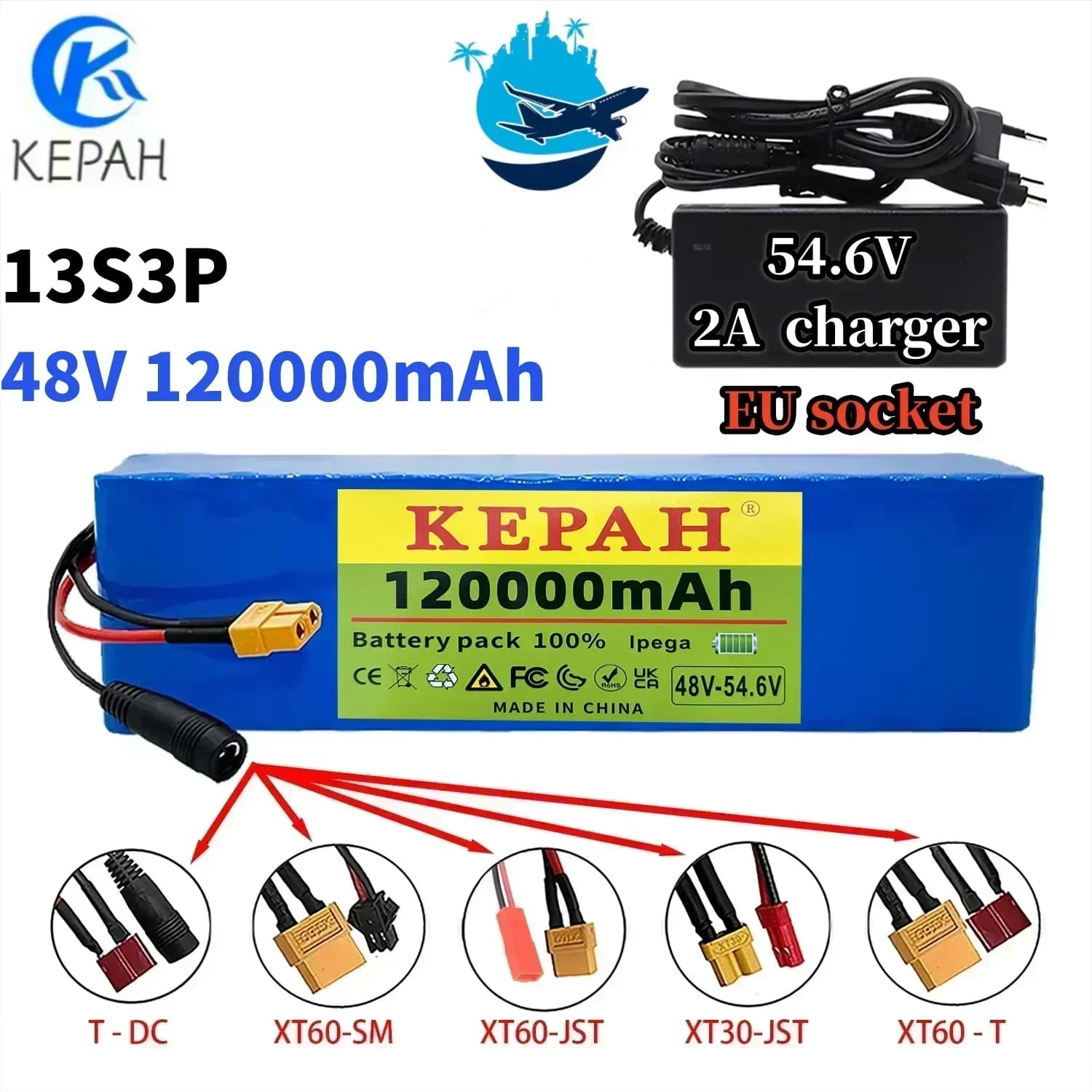 Nuova batteria agli ioni di litio 48V 120000mAh 2000W 13S3P XT60 48V, batteria al litio ferro fosfato 120Ah e caricabatterie 54,6V