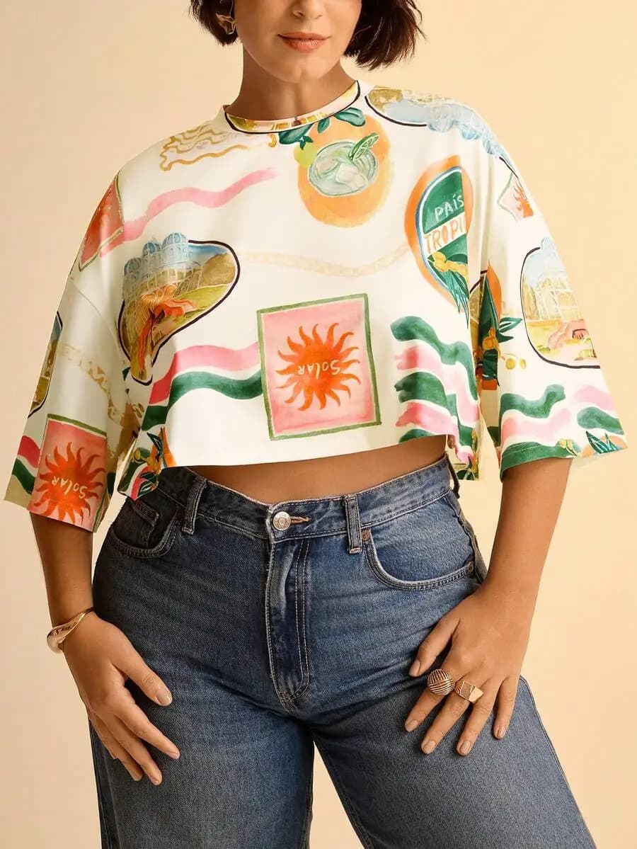 Plus Size Women Round Neck Short Sleeve Boho Tropical Print T-Shirt Casual Cropped Summer Tee