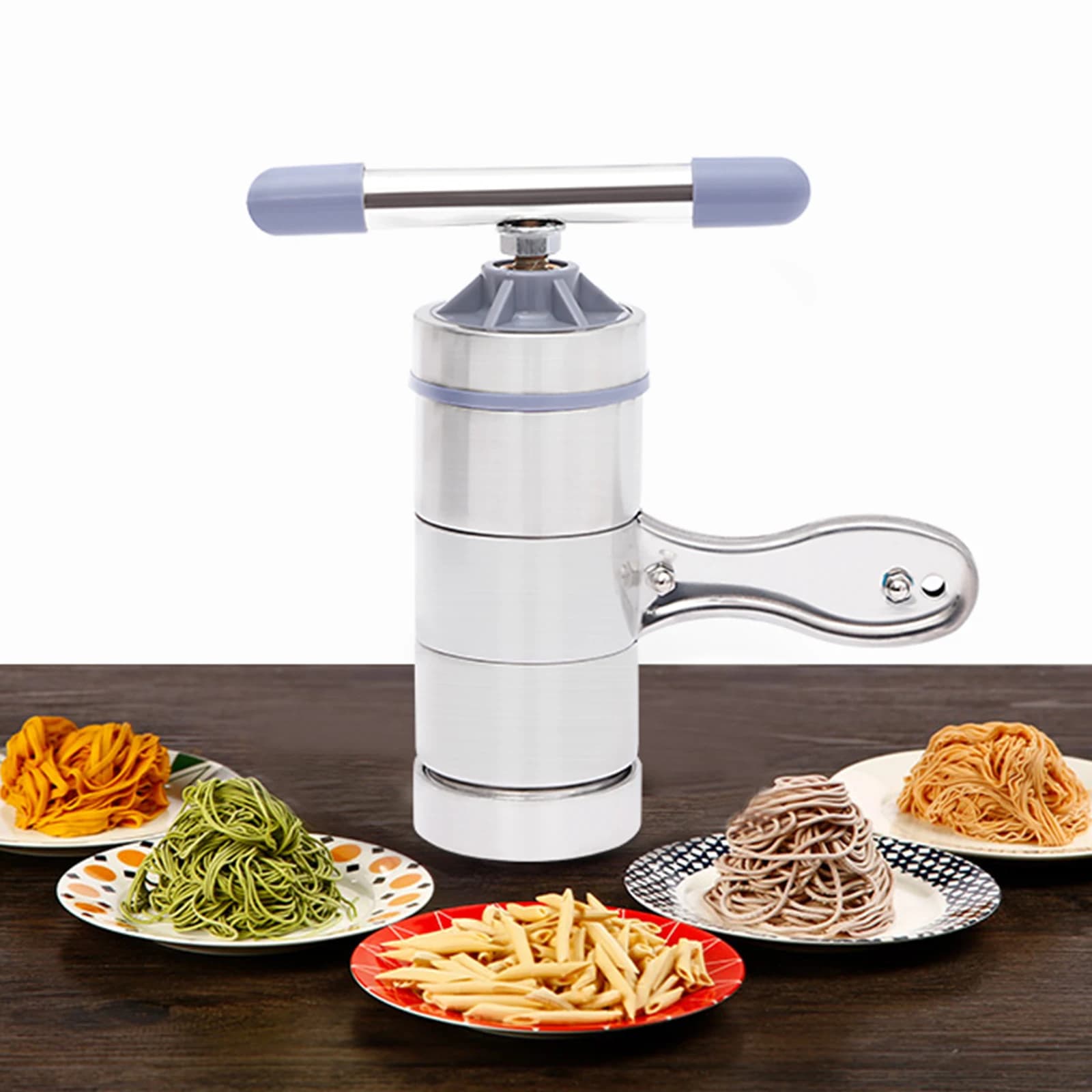 Pressa Manuale per Pasta in Acciaio Inox, Macchina per Spaghetti e Fettuccine con Manovella, Include 5 Stampi per Pasta