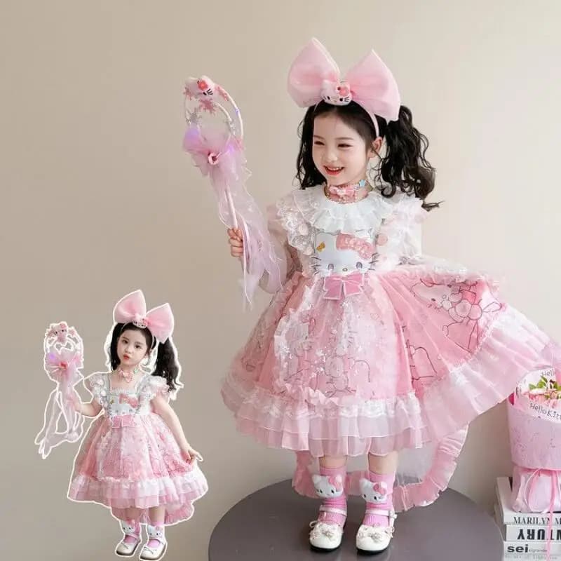 Vestito da Principessa Lolita Anime Hello Kitty per Bambine, Abito Vintage in Pizzo, Gonna Tutu Arricciata, Elegante Abito da Festa per Bambine, Regalo