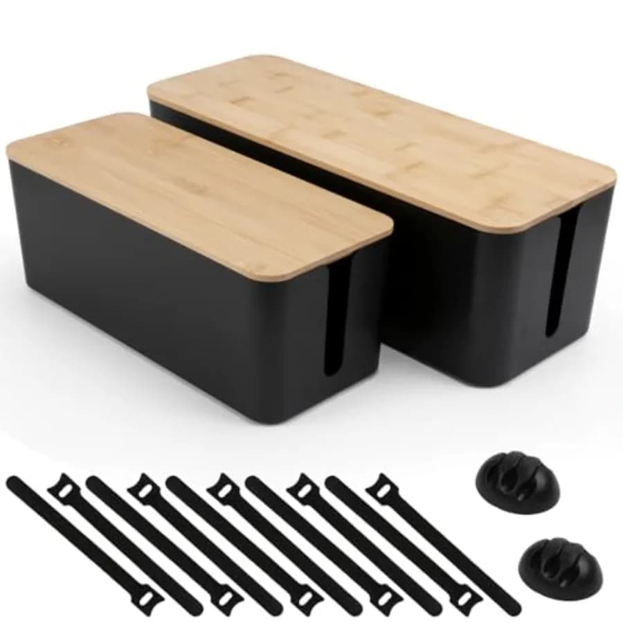 Set di 2 Scatole per Gestione Cavi - Organizzatore con Coperchio in Legno per Cavi TV, Prese Multiple, Router, Hub USB e Alimentatori Sotto Scrivania