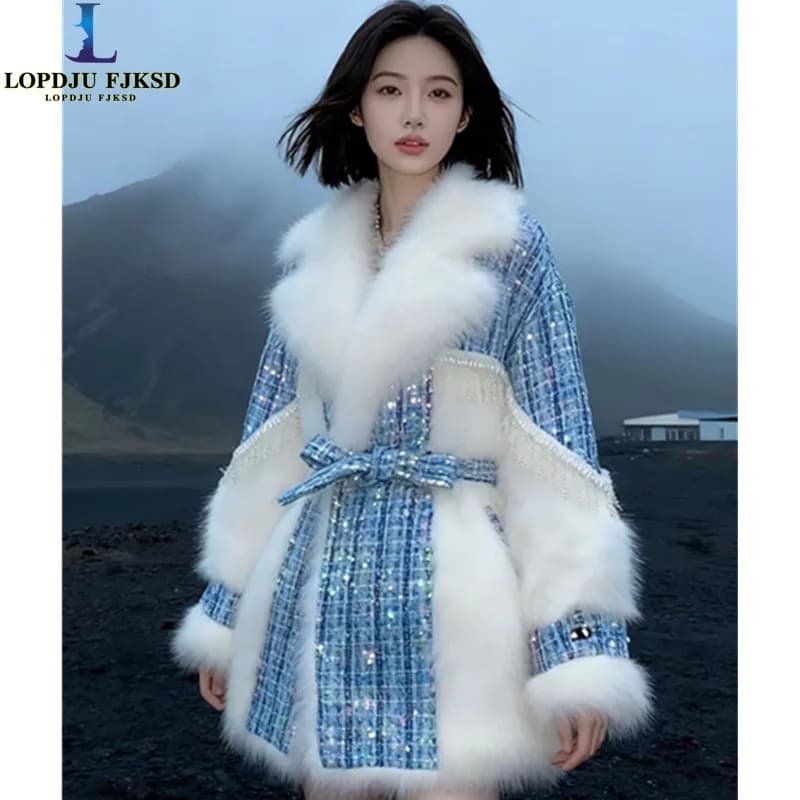 Faux Fur Coats for Women,Fur Collar Jackets,Fur Cuffs Overcoat,Female Clothes,Sequins,Adjustable Waist,Luxury,New ,Winter