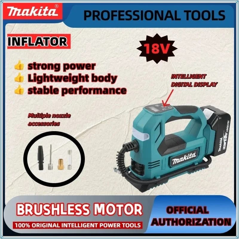 Pompa ad aria senza fili Makita, gonfiatore portatile con display digitale per auto e moto