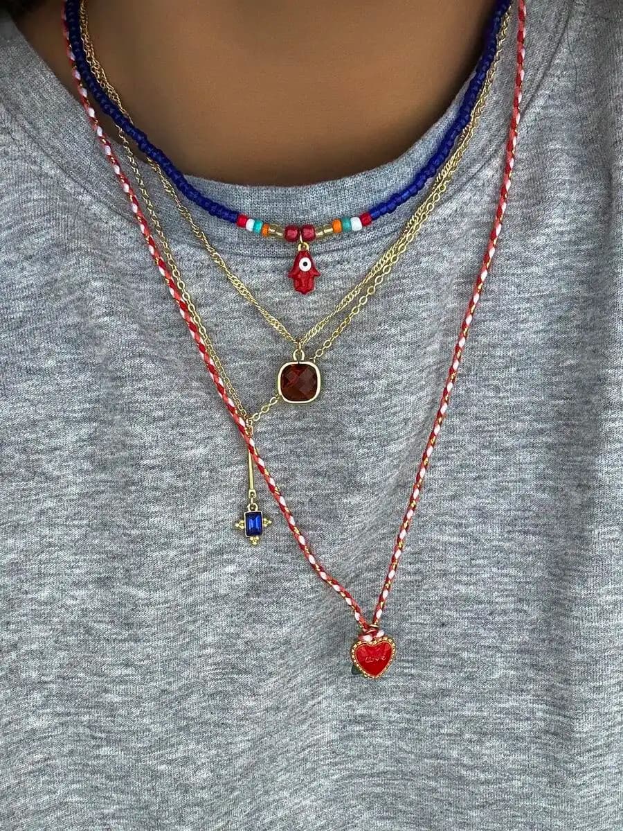 4pcs Bohemian Multilayer Beaded Necklace Set With Heart Square Hamsa Pendant For Women