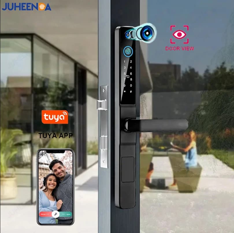 Impermeabile Tuya Wifi Smart Lock Telecamera Vista porta Scheda impronte digitali Password Serratura elettronica per porta scorrevole esterna senza chiave in alluminio