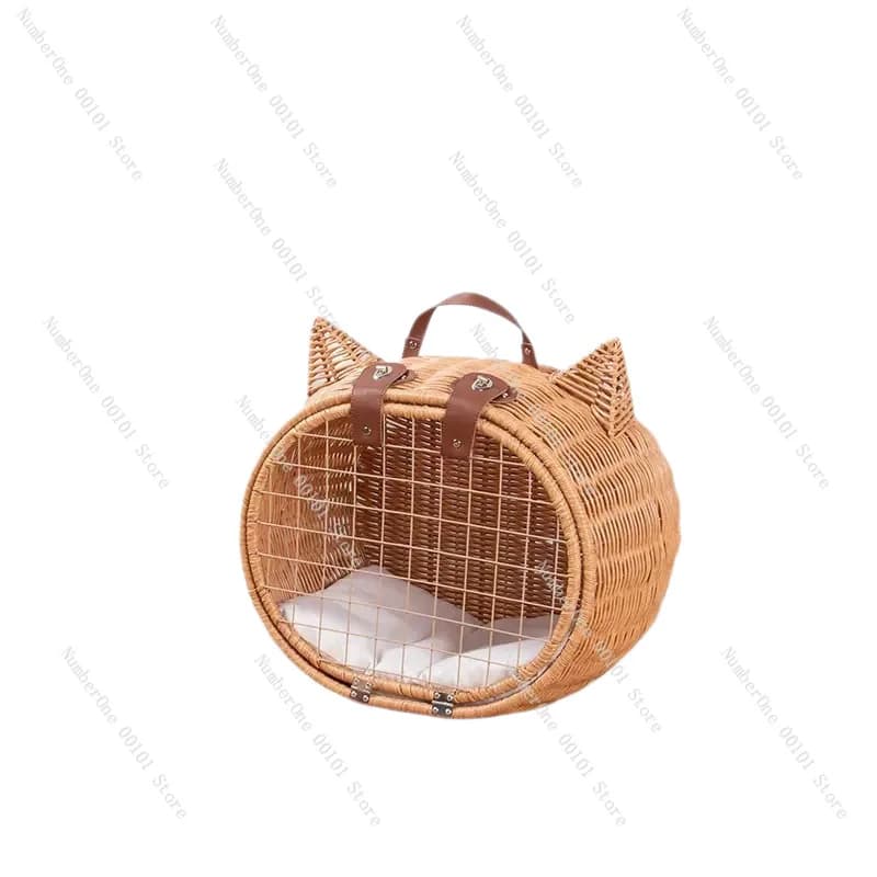 Rattan Cat Carrier Bag with Wheels, Portable Pet Travel Crate Trolley, Hand-Woven Cat Backpack for Car Airline
